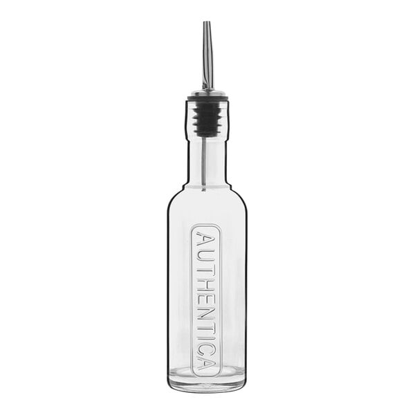 A Luigi Bormioli clear glass bottle with a black metal pourer.