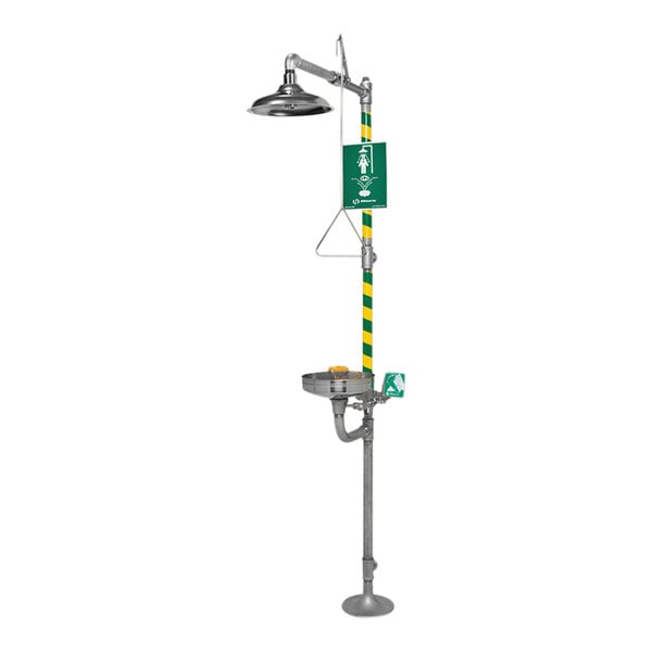 A Haws Axion emergency shower and eye/face wash station with a green and yellow stand.