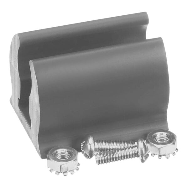 A black metal bracket with screws and nuts.