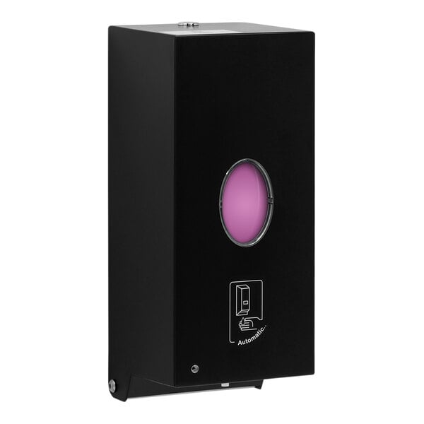 A black rectangular Bobrick hands-free liquid soap dispenser with a pink circle.