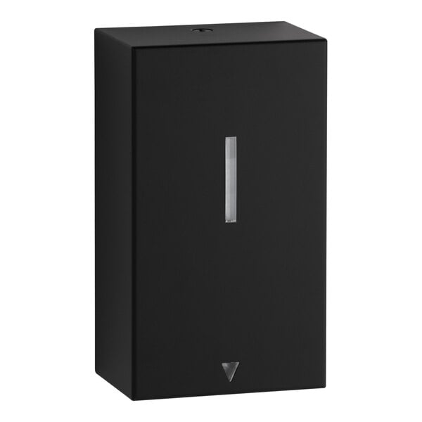 A matte black rectangular wall-mounted dispenser with a small vertical window and a triangular indicator near the bottom.