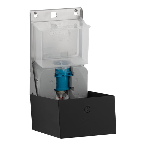 A wall-mounted dispenser with a matte black lower section, a transparent upper cover, and visible internal components including a blue mechanism.