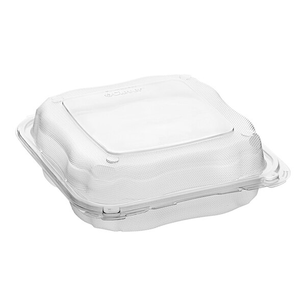 A clear plastic Genpak hinged container with 3 compartments and a clear lid.