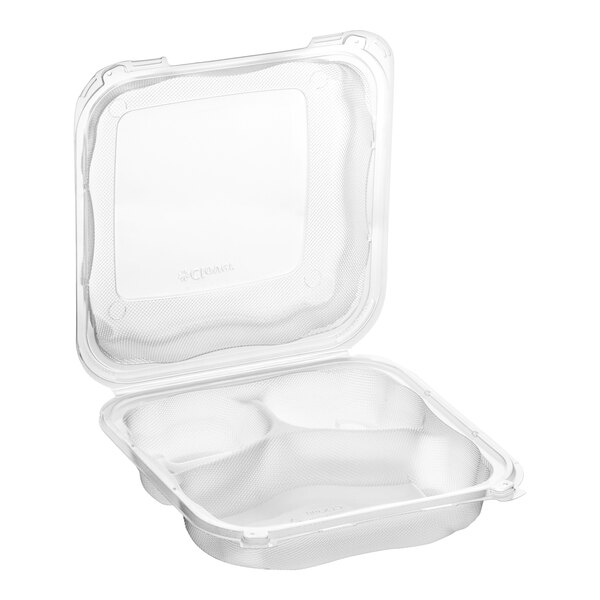 A clear plastic Genpak hinged container with three compartments.