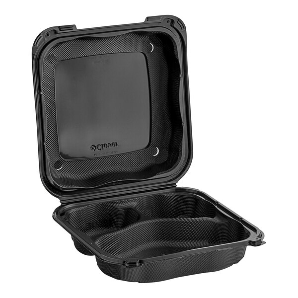 A black Genpak plastic hinged container with three compartments.