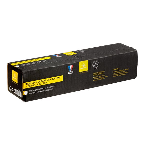 A black Matfer Bourgeat box with yellow labels for a 23 5/8" x 15 3/4" acetate sheet.