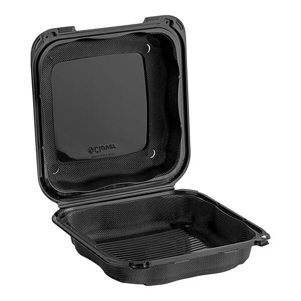 A black plastic Genpak Clover microwavable container with a square lid.