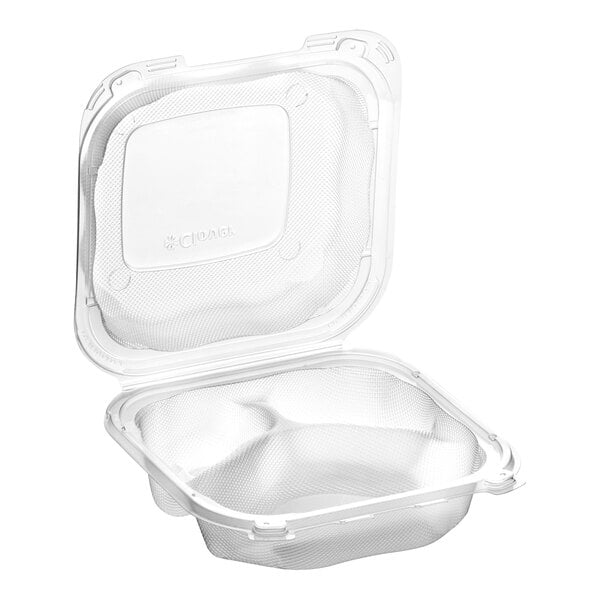 A Genpak clear plastic hinged container with 3 compartments and a lid.