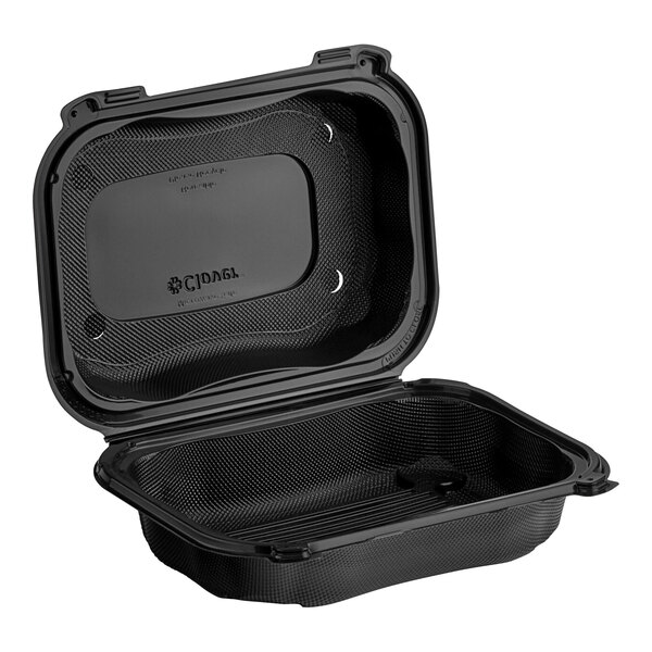 A black Genpak plastic hinged container with a lid open.