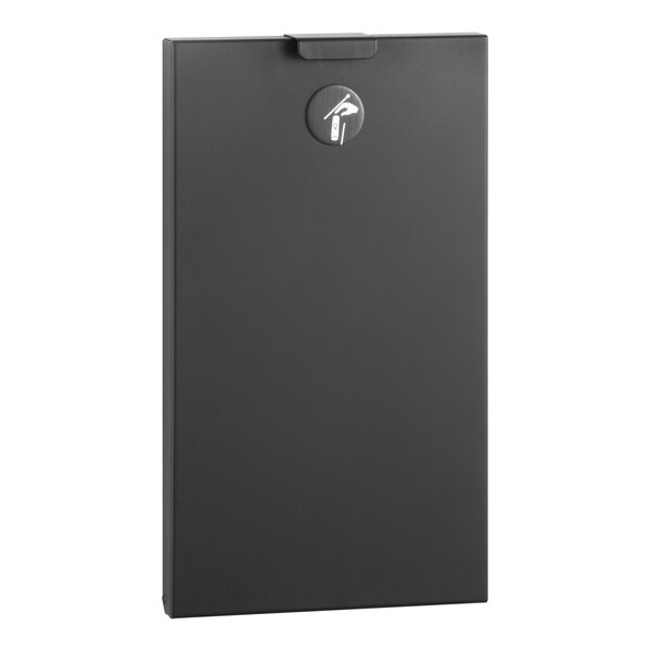 A close-up of a black rectangular Bobrick sanitary napkin disposal with a logo.