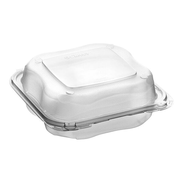 A Genpak clear plastic hinged container with 3 compartments and a lid.