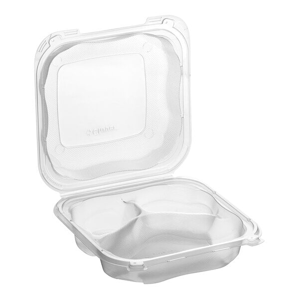 A Genpak clear plastic hinged container with three compartments.