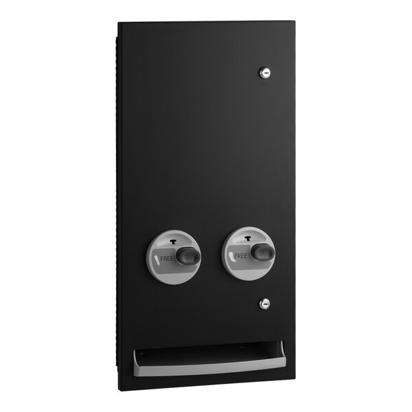 A black rectangular Bobrick napkin/tampon vendor with two buttons.