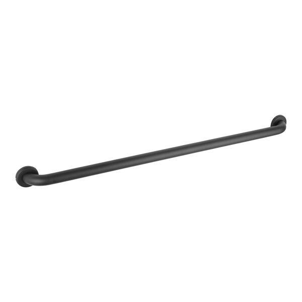 A black metal Bobrick grab bar on a white background.