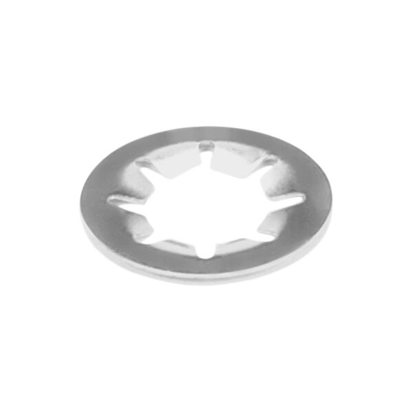 A close-up of a silver circular push nut with a hole in the middle.