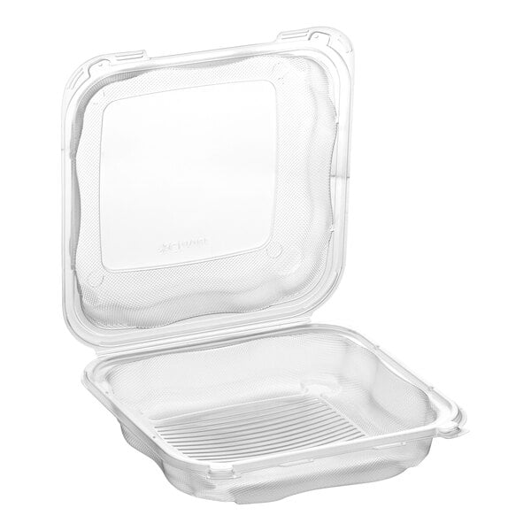 A clear plastic Genpak hinged container with a lid.