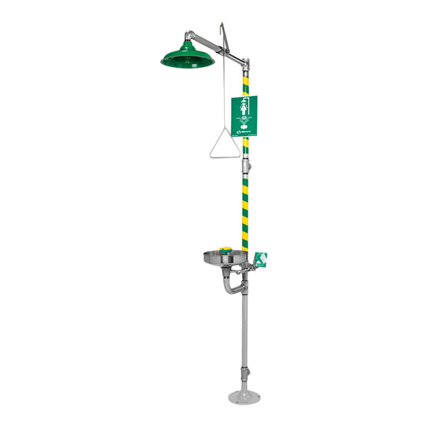 A green and yellow Haws Axion emergency shower with eye/face wash station.