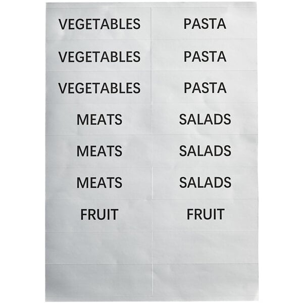 Choice white adhesive label sheets for front-loading pan carriers with black text including vegetables, fruits, meat, and salads.