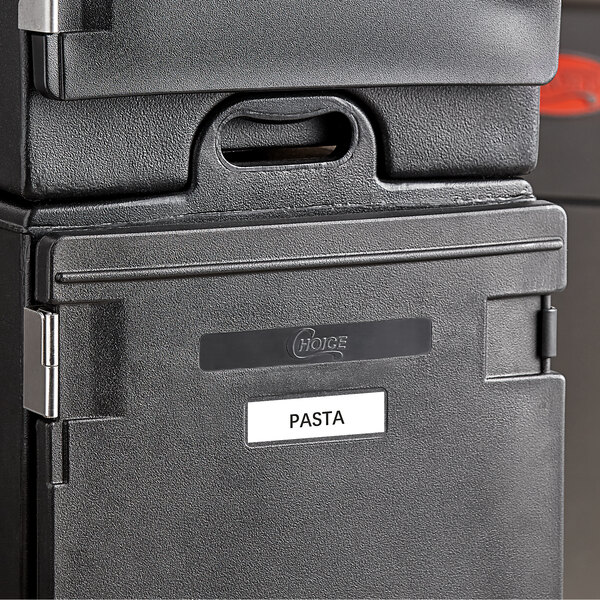 A black plastic container with a Choice label on it.
