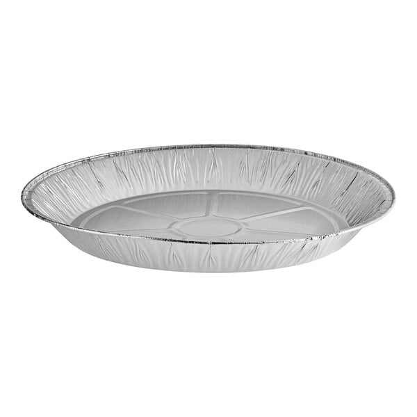 A white round Baker's Lane foil pie pan with a circular edge and silver rim.
