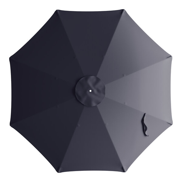 A black circular umbrella canopy with a white Lancaster Table & Seating logo.