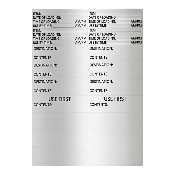 A sheet of adhesive labels for front-loading pan carriers, featuring sections for item details, loading time, destinations, and contents.