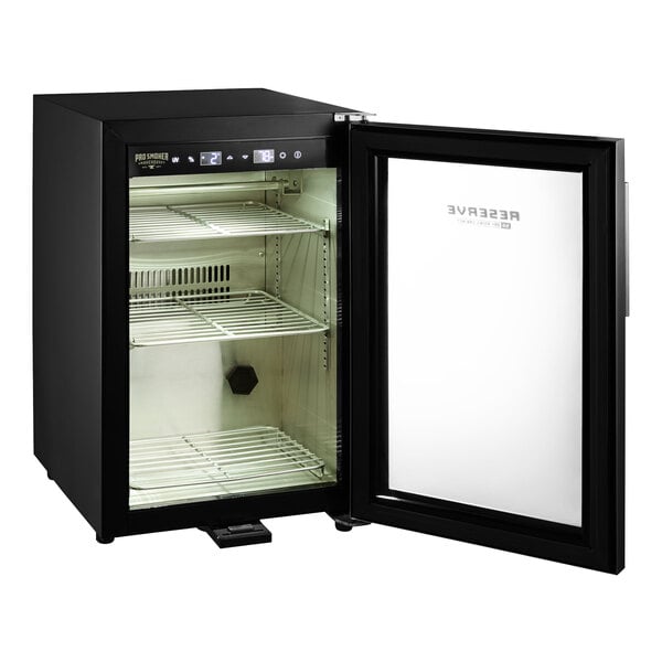 A black Pro Smoker TR-50 Reserve dry aging cabinet with a glass door.