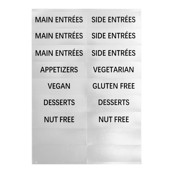 A set of adhesive label sheets with meal type categories for front-loading pan carriers.