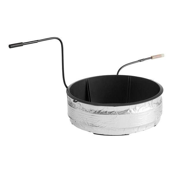 A black and silver metal condensate pan with a black plastic handle.