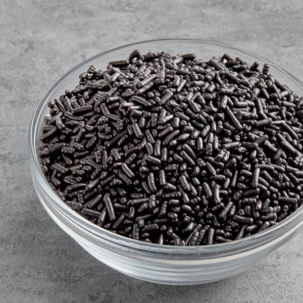 A bowl of Supernatural Chocolate Softies black sprinkles.