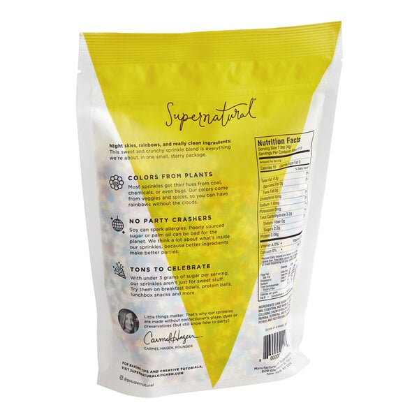 A yellow and white bag of Supernatural Rainbow Starfetti All-Natural Sprinkle Mix with text on it.