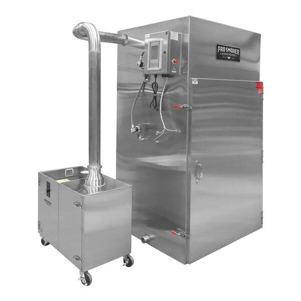 A close-up of a large stainless steel Pro Smoker 500-T smokehouse.