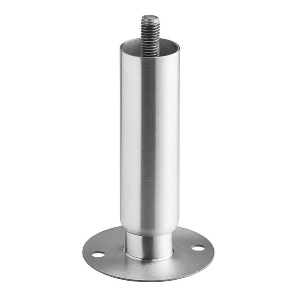 A silver metal adjustable leg with a screw.