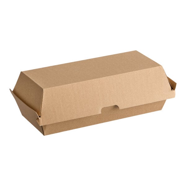 A brown corrugated clamshell container with a rectangular shape and a hinged lid.