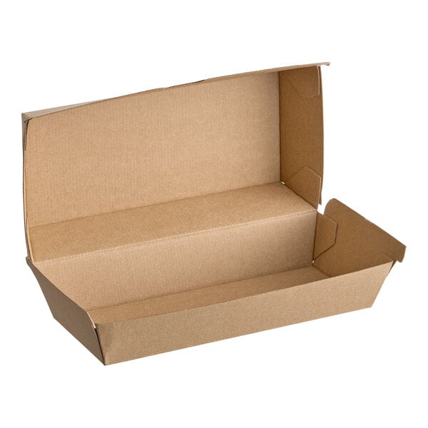 A brown corrugated clamshell container with an open lid.