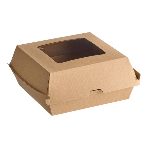 A brown corrugated clamshell container with a clear window on top.