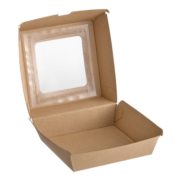 A brown corrugated clamshell container with a clear window on the lid.