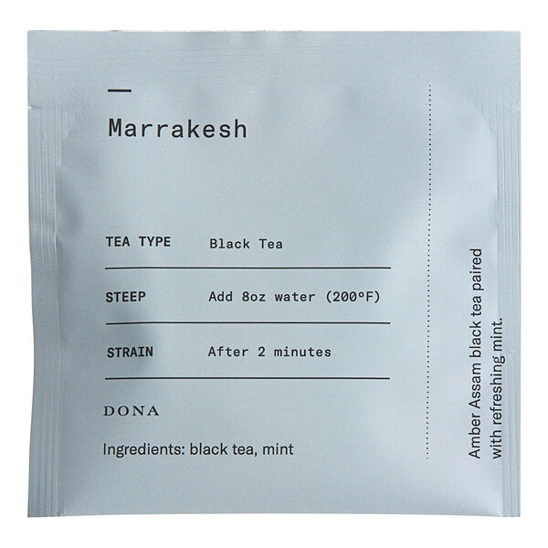 A white box with black text for Dona Marrakesh Black Tea sachets.