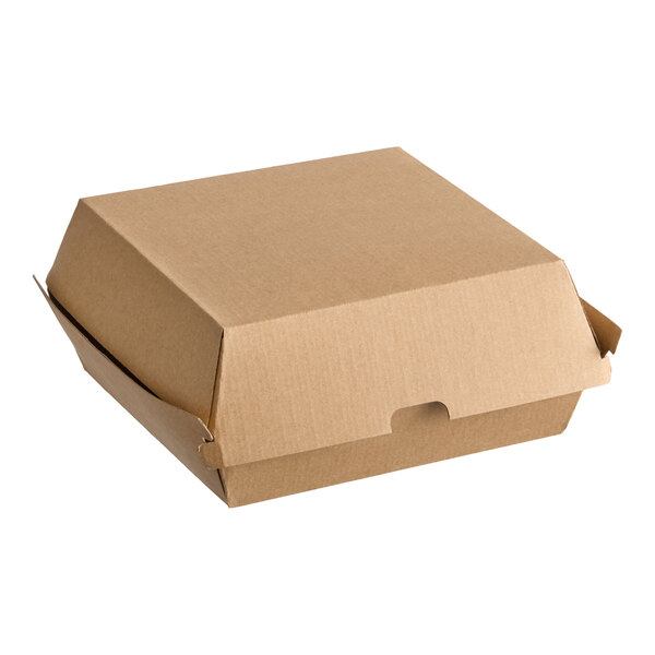 A brown corrugated clamshell container with a closed lid.