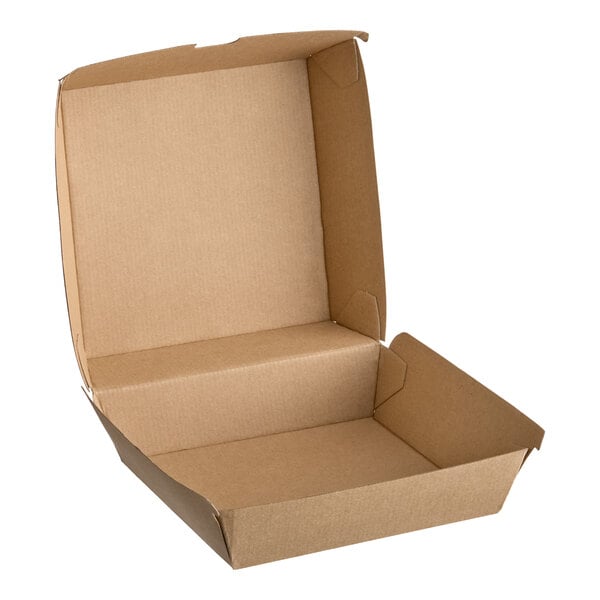 A brown corrugated clamshell container with an open lid.