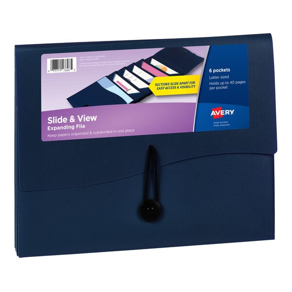 A navy blue Avery Slide and View expanding file folder with a label on it.