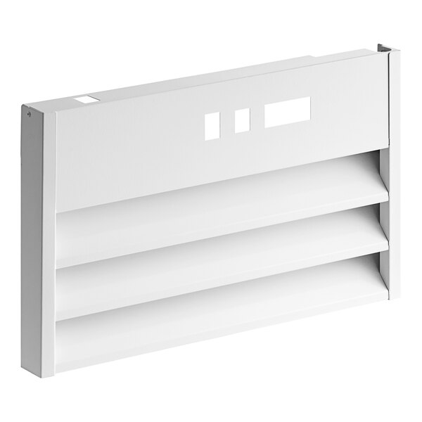 A white metal shelf with holes.