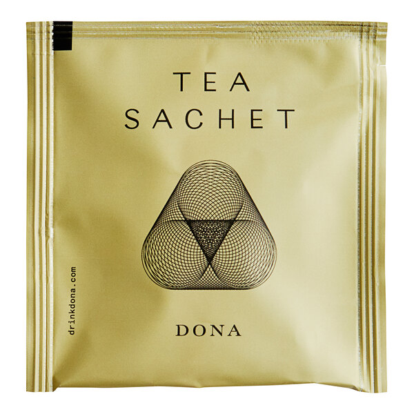 A white Dona Hojicha green tea sachet with a black triangle and a triangle in the middle.