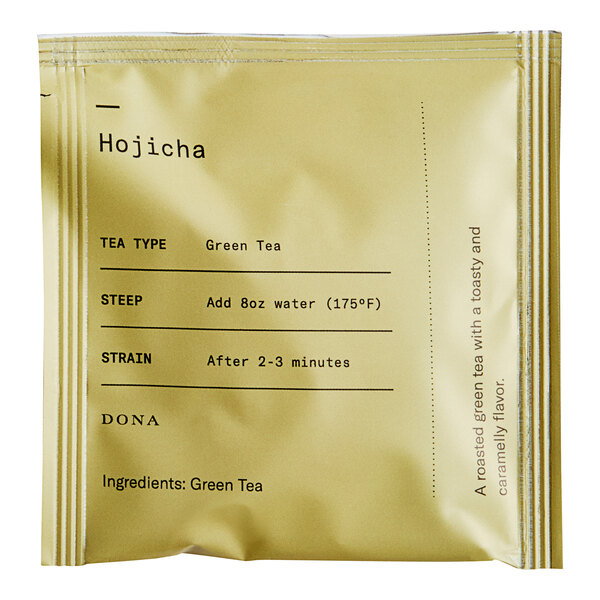A box of Dona Hojicha green tea sachets with a label.