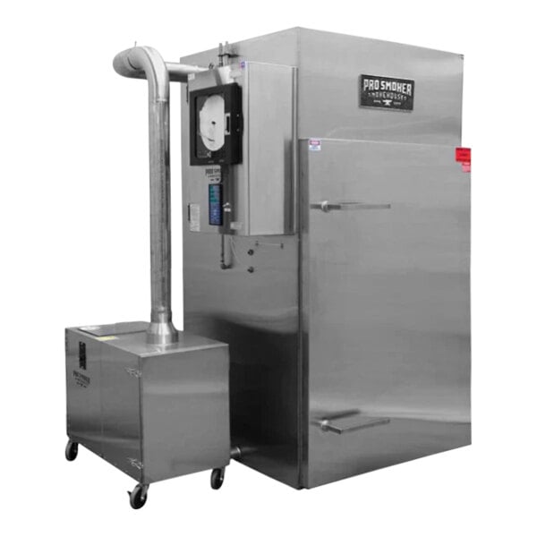 A stainless steel rectangular box with a large metal pipe attached.