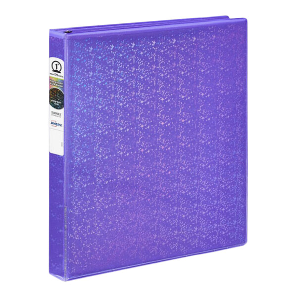 A violet Avery binder with white labels.