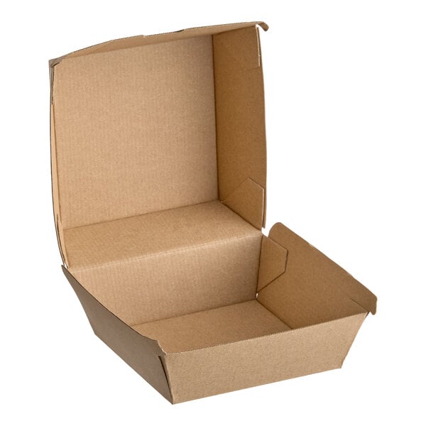 A brown corrugated clamshell container with an open lid.