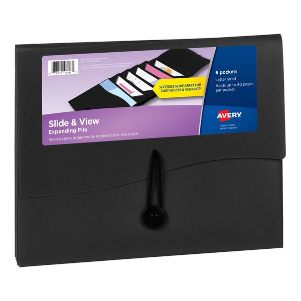 A black Avery Slide and View file folder with a label.