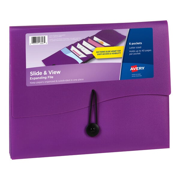 A purple folder with a black strap.