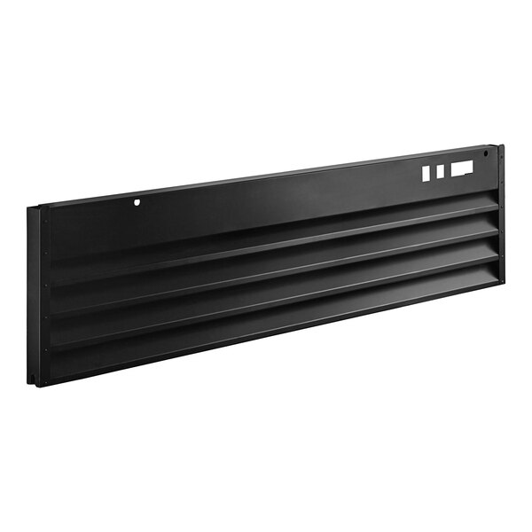 A black metal rectangular front grille with slats and holes.